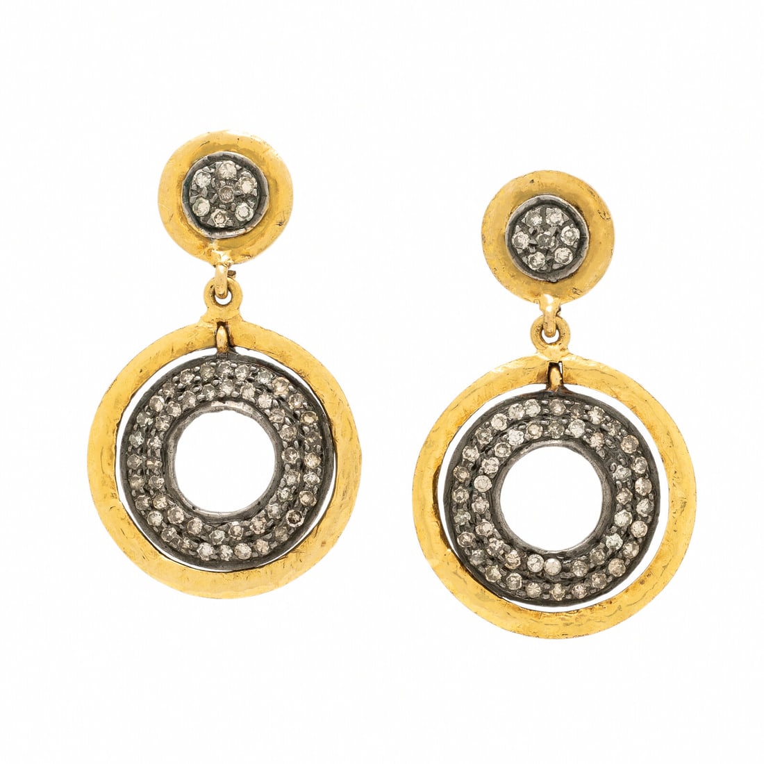 Diamond, Silver, and Yellow Gold Earrings: Diamond, Silver, and Yellow Gold Earrings Single cut diamonds weighing approximately 0.50 carat total. Yellow gold and silver. 1 3/16 inches long. Gross weight: 3.35 dwt. Property from the Estate of R