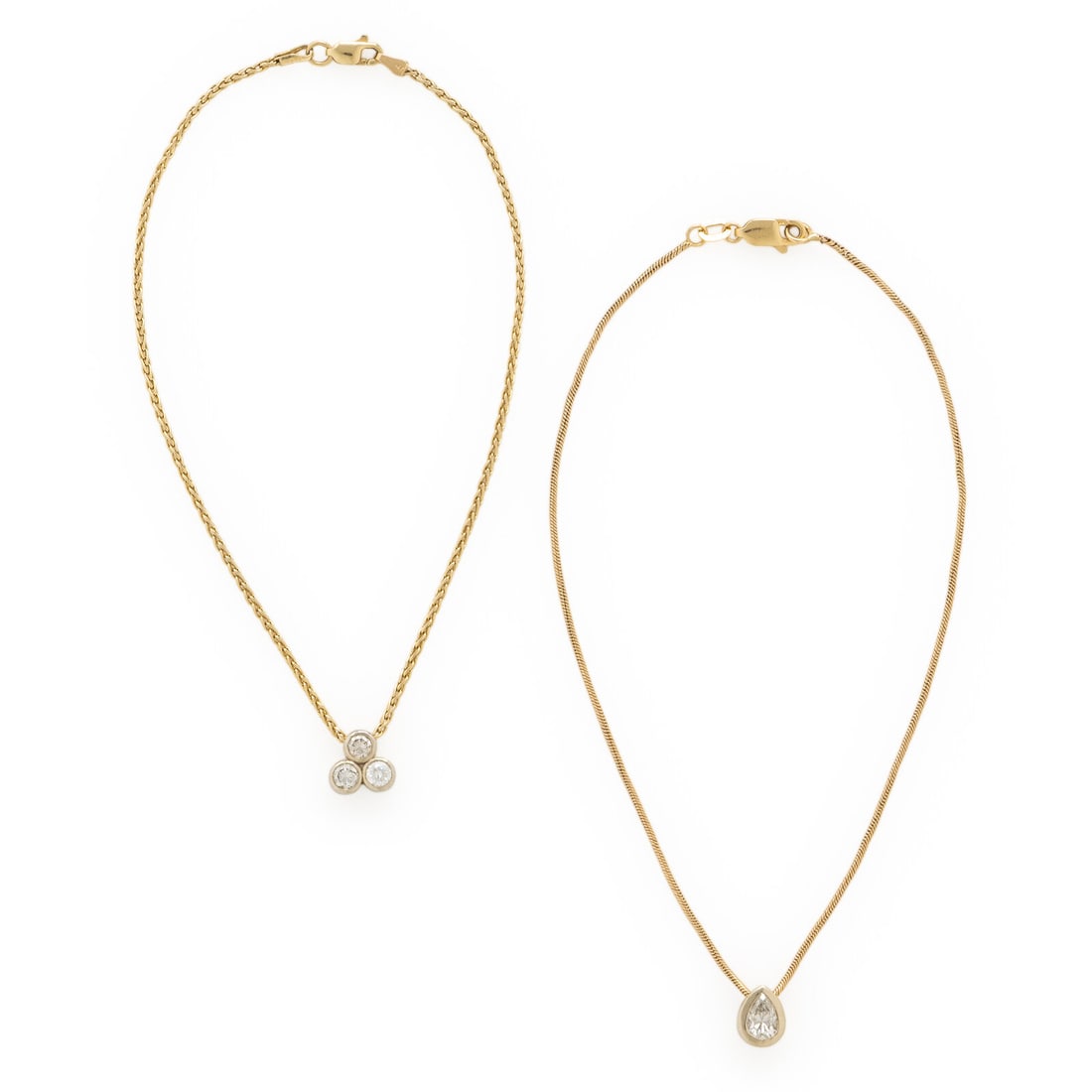 Two Yellow Gold and Diamond Anklets: Two Yellow Gold and Diamond Anklets One anklet with a pear shape diamond weighing approximately 0.50 carat, and one anklet with three round brilliant cut diamonds weighing approximately 0.55 carat tot