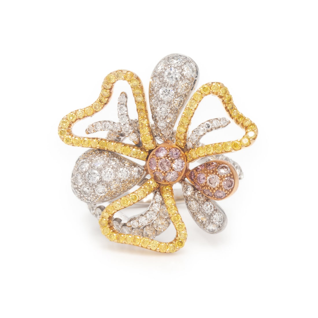 Salavetti, Colored Diamond, Diamond, Yellow Sapphire, and Tricolor Gold Flower Ring (1 of 3)