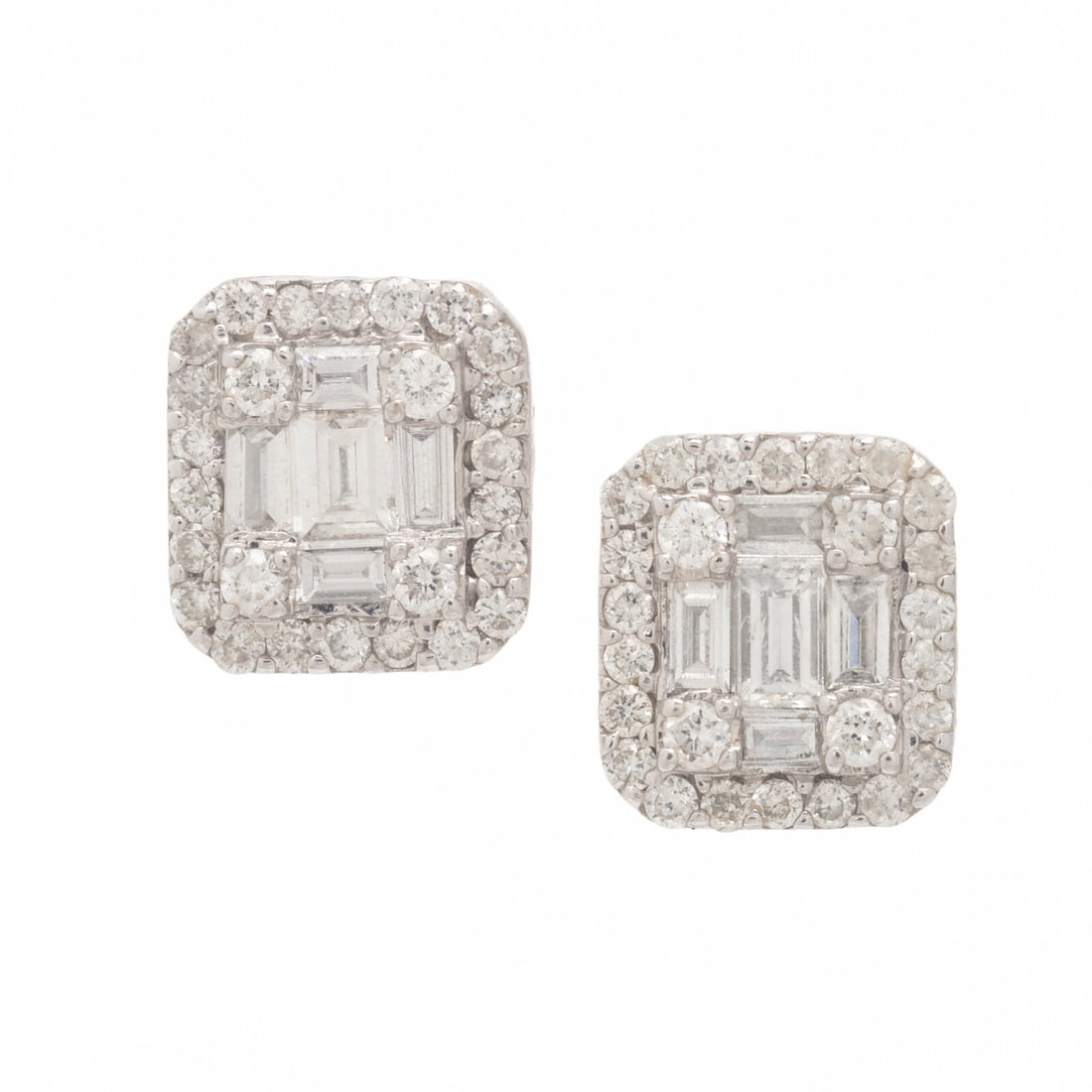 Diamond and White Gold Earrings: Diamond and White Gold Earrings Round brilliant and baguette cut diamonds. 18 karat white gold. 1/4 inch long. Stamp: 750 DSL. Gross weight: 2.15 dwt. Property from the Estate of Rebecca Lee