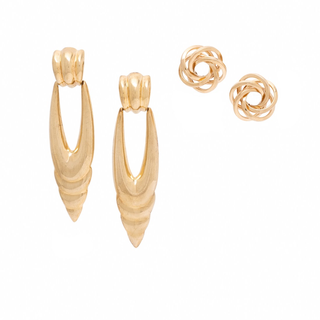 Two Pairs of Yellow Gold Earrings: Two Pairs of Yellow Gold Earrings Yellow gold. 2 1/8 inches and 5/8 inch long. Stamp: 14KT. Gross weight: 6.45 dwt. Property of a Naples, FL Collector