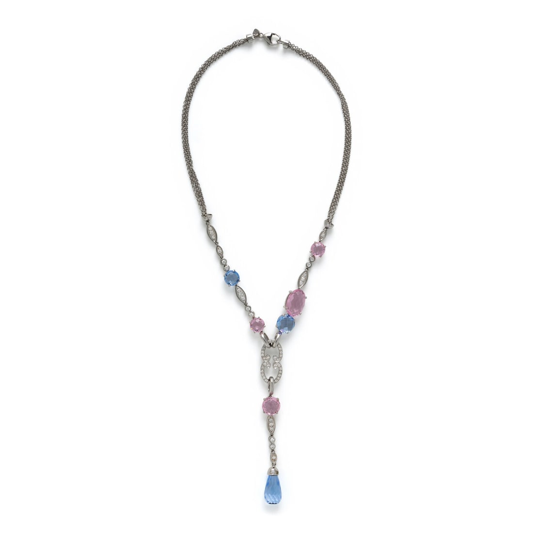 Gemstone. Diamond, and White Gold Necklace: Gemstone. Diamond, and White Gold Necklace Round checkerboard faceted and briolette cut treated aquamarine, round and oval checkerboard faceted pink glass, and round brilliant cut diamonds weighing ap