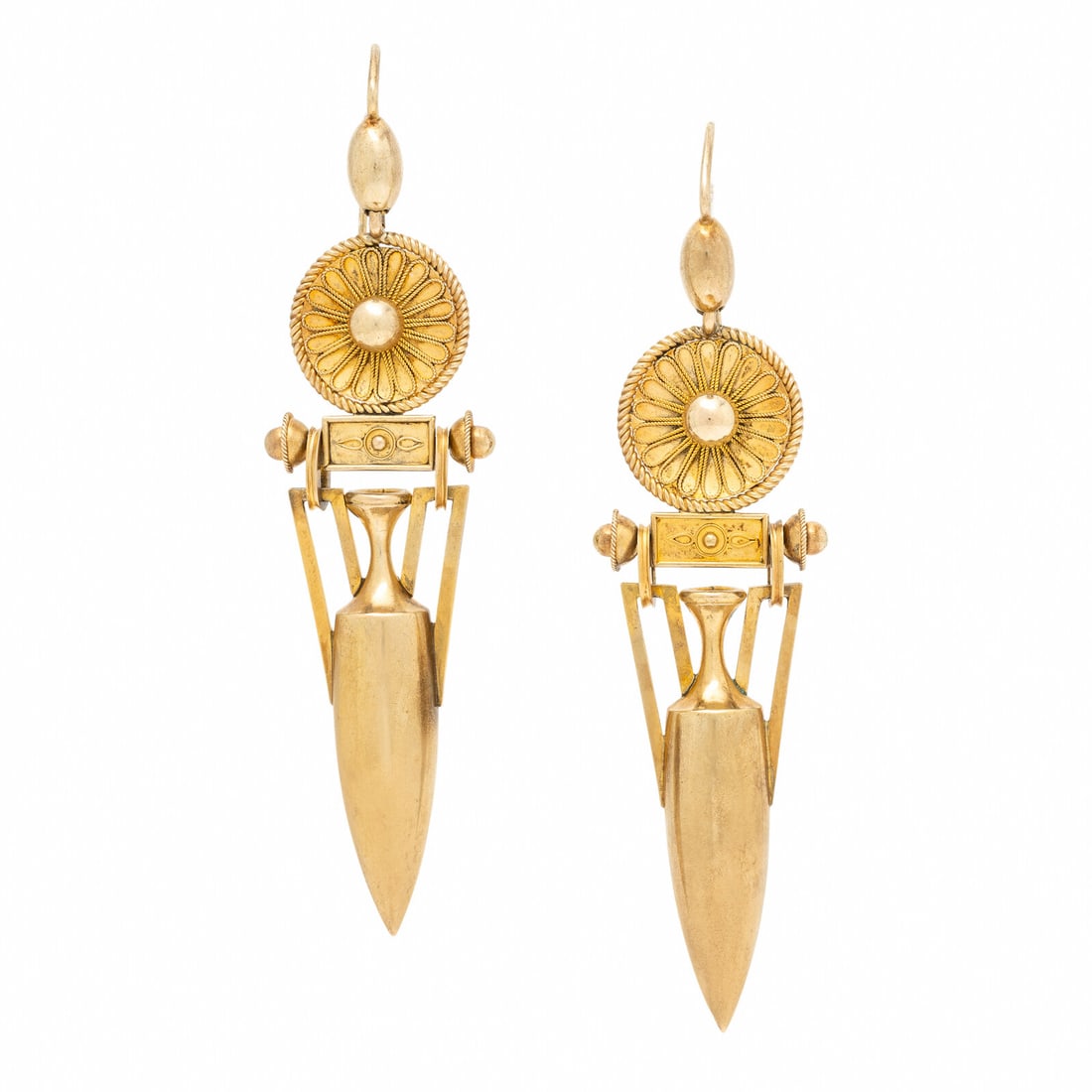 Etruscan Revival, Yellow Gold Earrings: Etruscan Revival, Yellow Gold Earrings Yellow gold. 3 inches long. Gross weight: 6.80 dwt. Property from the Estate of Rebecca Lee