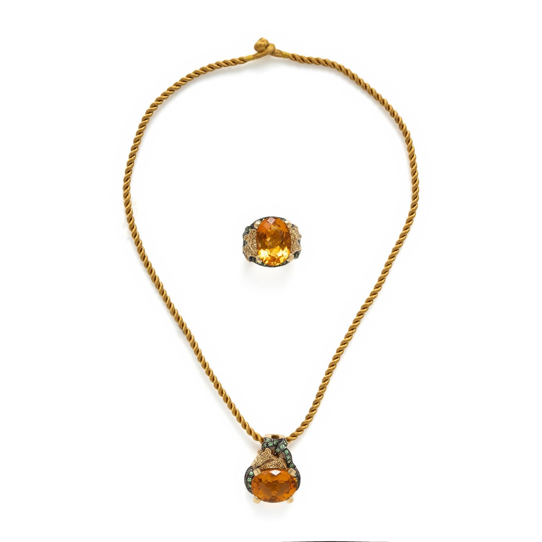 Multigem, Yellow Gold, and Blackened Gold Ring and Pendant Necklace: Multigem, Yellow Gold, and Blackened Gold Ring and Pendant Necklace The ring and pendant set with checkerboard faceted oval citrine measuring approximately 17.95 x 12.90 x 8.90 mm and 18.10 x 12.95 x 