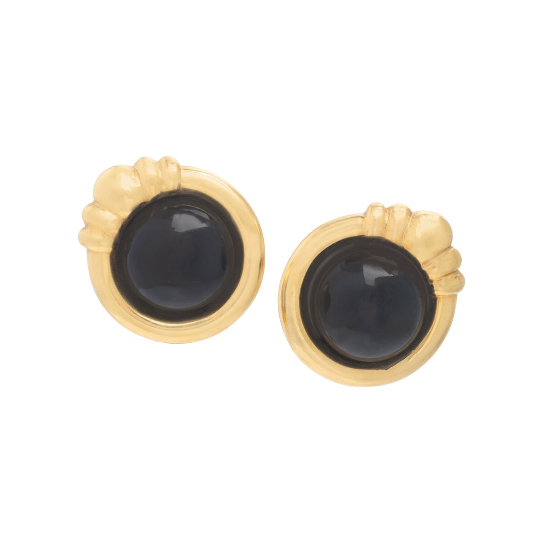Onyx and Yellow Gold Earrings: Onyx and Yellow Gold Earrings Round cabochon onyx measuring approximately 23.60 x 22.85 x 12.05 mm. 18 karat yellow gold. 1 5/8 inches long. Stamp: 750 (Italian workshop mark) 18K. Gross weight: 20.40