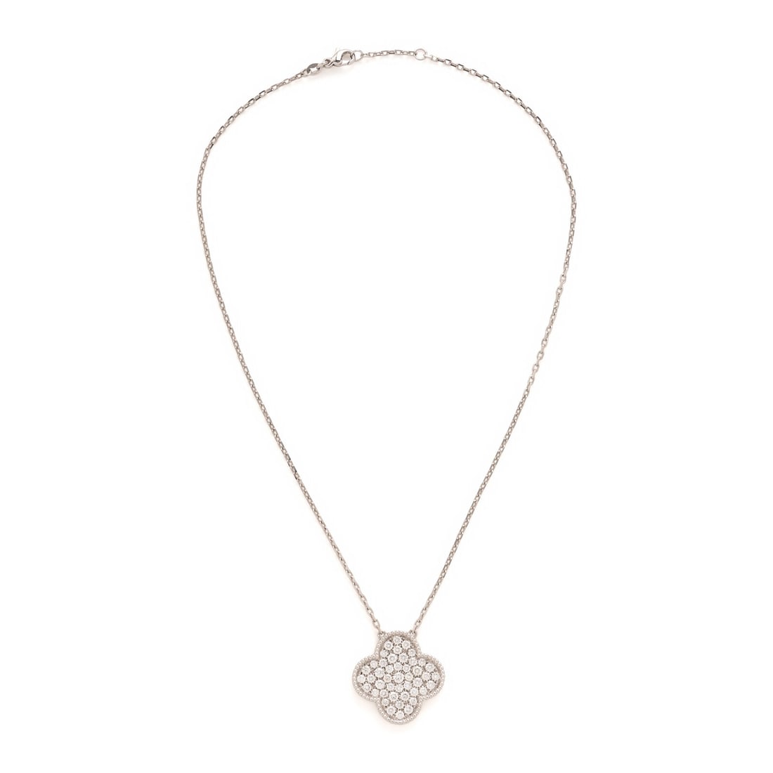 Diamond and White Gold Quatrefoil Necklace: Diamond and White Gold Quatrefoil Necklace Round brilliant cut diamonds weighing approximately 2.50 carats total. 18 karat white gold. 16 3/4 inches long. Stamp: 750. Gross weight: 8.05 dwt. Property 