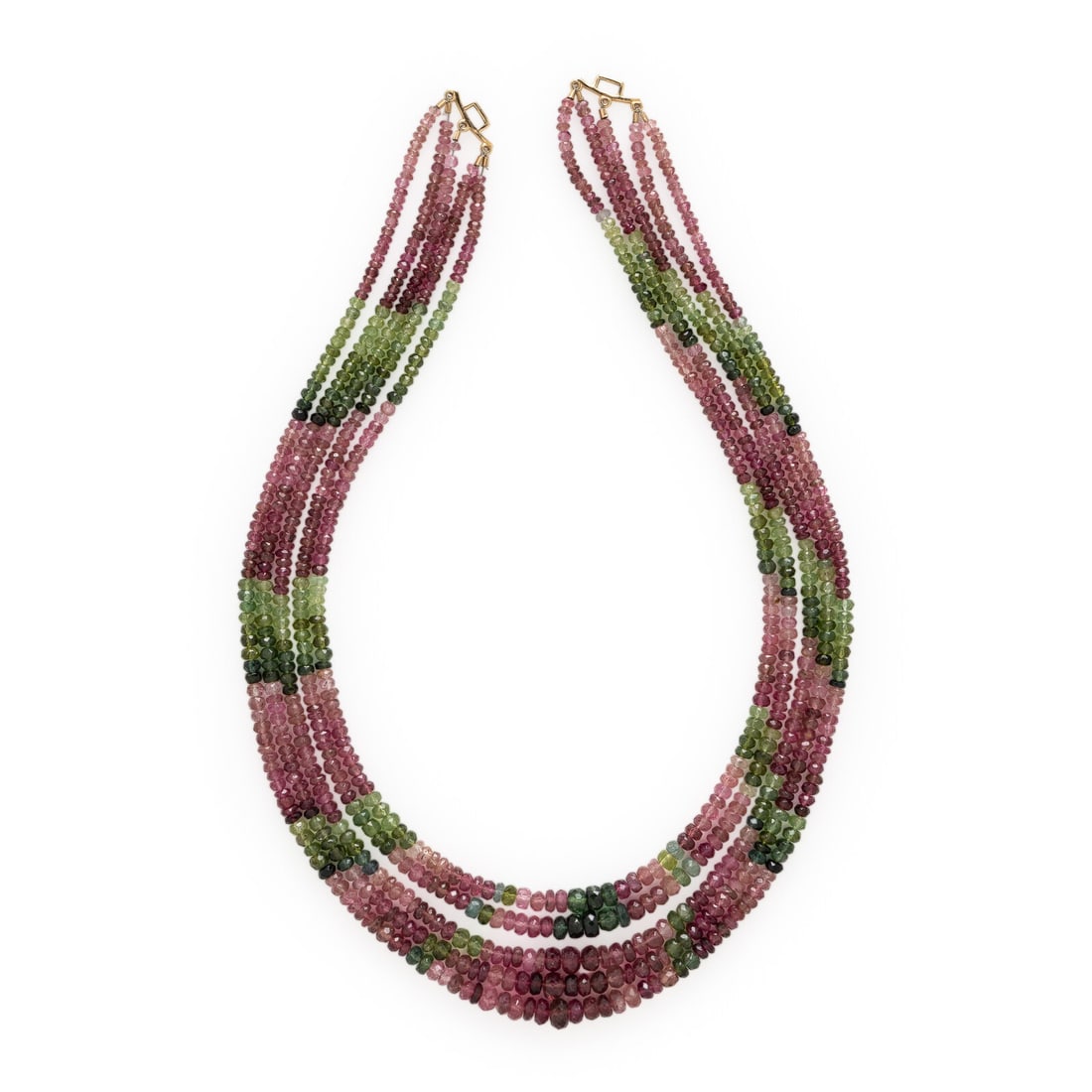 Tourmaline Beaded Necklace: Tourmaline Beaded Necklace Five strands of faceted pink and green tourmaline beads measuring approximately 2.90 - 5.80 mm. Yellow gold. 17 inches long. Gross weight: 41.20 dwt. Jewels from a Distingui