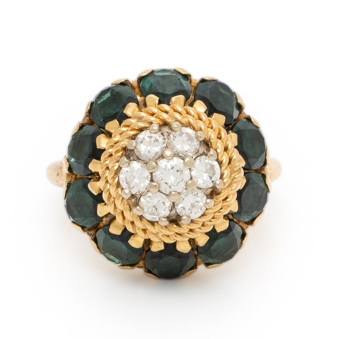 Diamond, Green Tourmaline, and Yellow Gold Ring: Diamond, Green Tourmaline, and Yellow Gold Ring Oval green tourmaline measuring approximately 5.95 x 4.00 x 2.30 mm, and round brilliant cut diamonds weighing approximately 0.45 carat total. 14 karat 