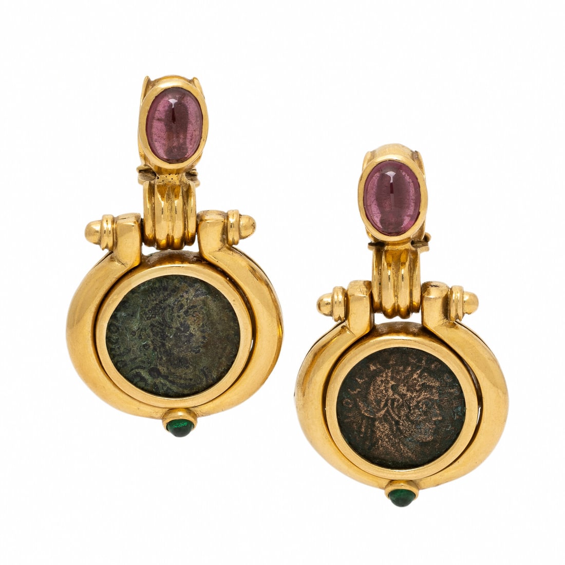 Yellow Gold, Tourmaline, and Coin Earrings (1 of 2)