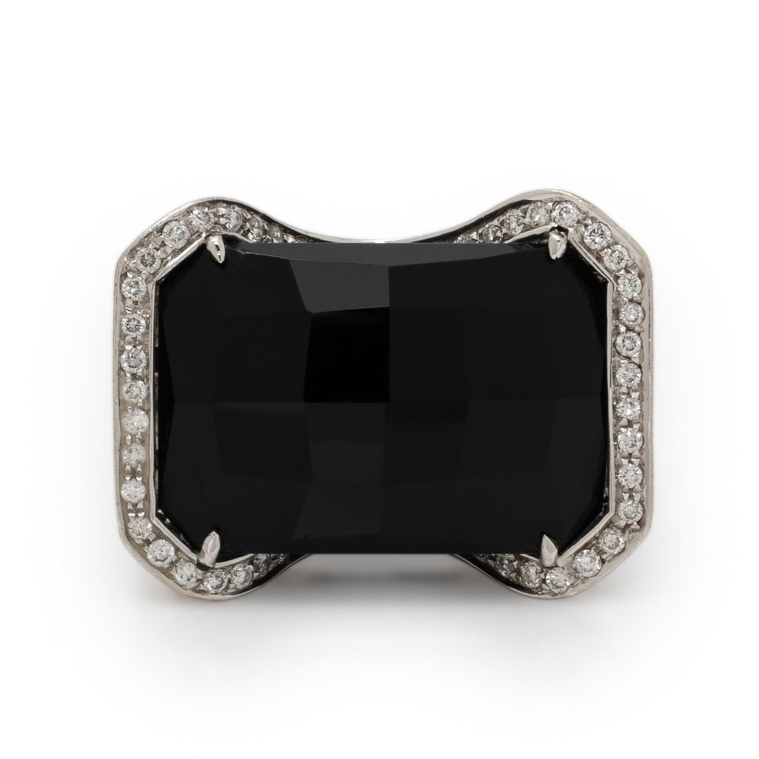 Chantecler Capri, Onyx, Diamond, and White Gold Ring: Chantecler Capri, Onyx, Diamond, and White Gold Ring Checkerboard faceted onyx and round brilliant cut diamonds weighing approximately 1.15 carats total. 18 karat white gold. Ring size 6. Stamp: CHANT