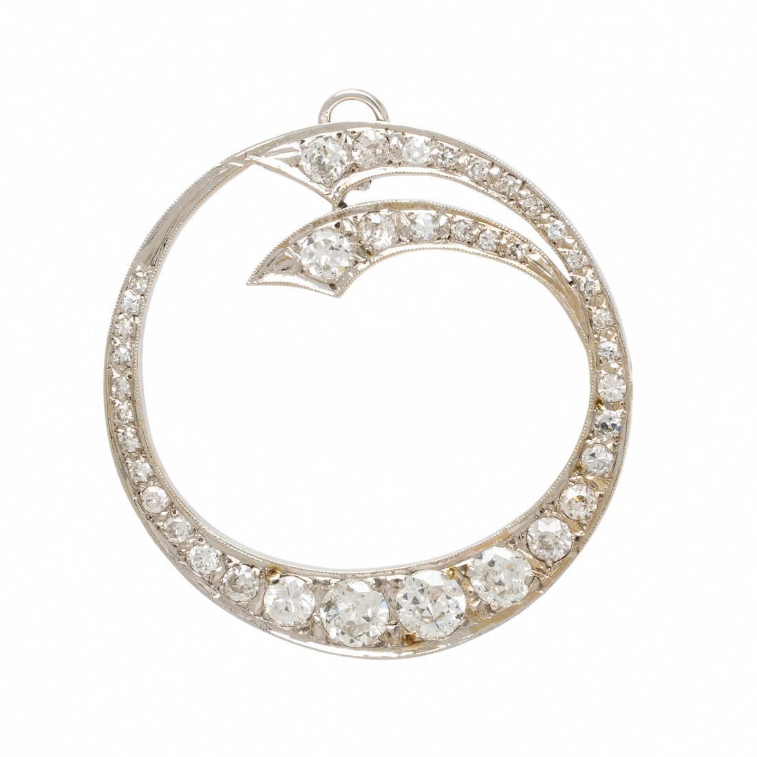 Diamond Circle Brooch: Diamond Circle Brooch Old European and single cut diamonds weighing approximately 2.50 carats total. White gold and low karat white gold. 1 3/8 x 1 3/8 inches. Gross weight: 3.55 dwt.