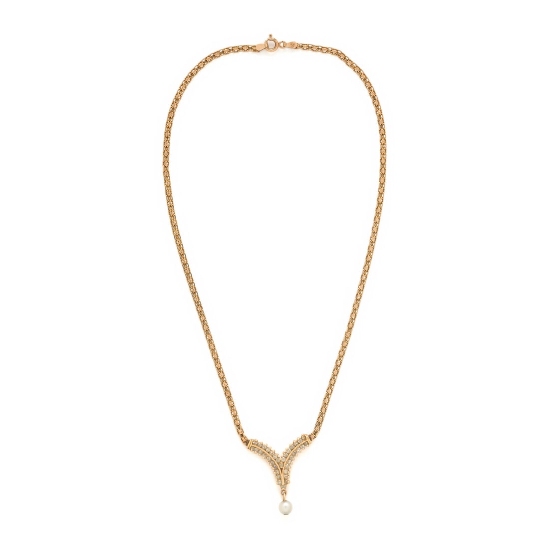 Yellow Gold, Diamond, and Pearl Necklace: Yellow Gold, Diamond, and Pearl Necklace Cultured pearl measuring approximately 5.95 mm, and round brilliant cut diamonds weighing approximately 1.40 carats total. 14 karat yellow gold. 16 1/2 inches 