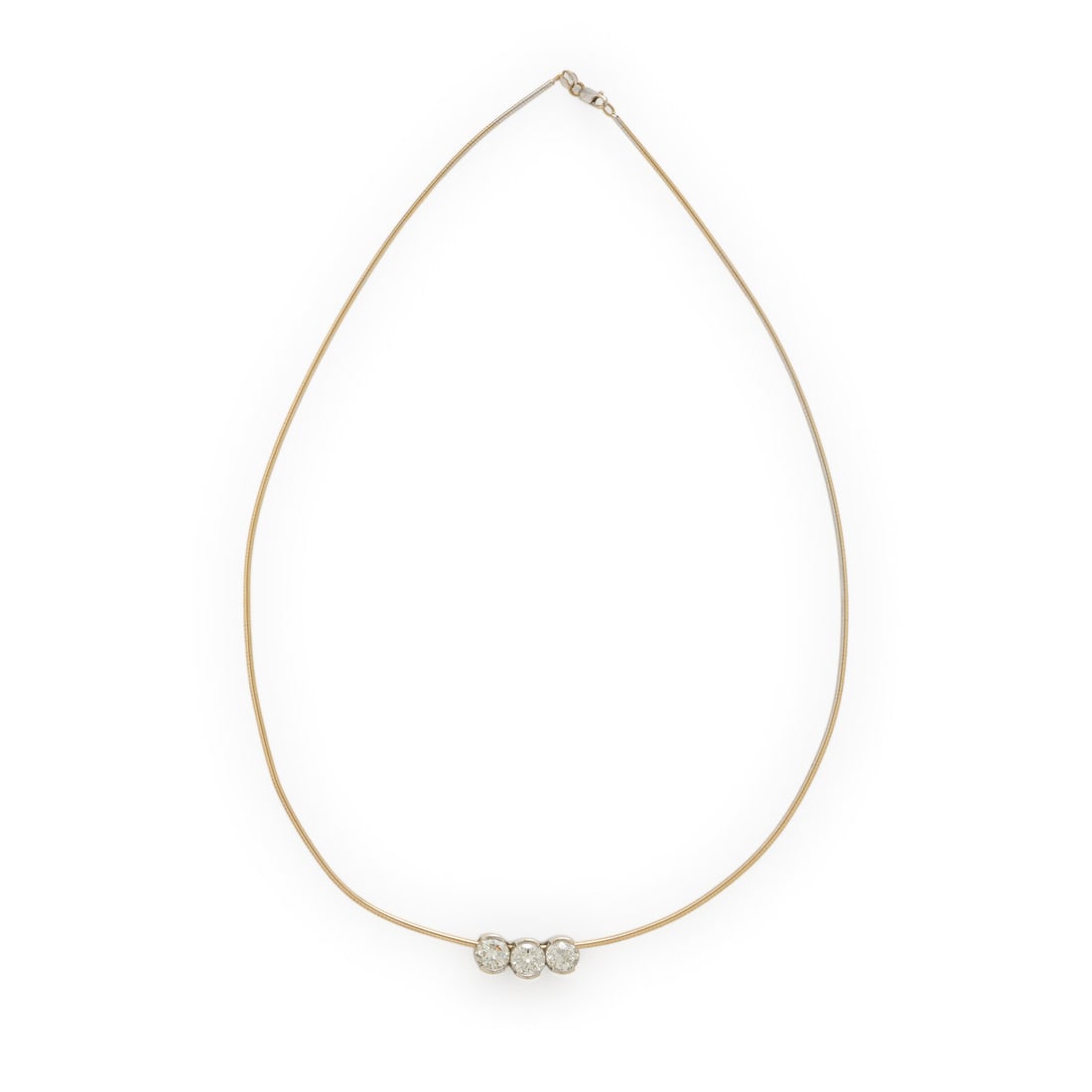 Diamond and Bicolor Gold Slide Pendant Necklace: Diamond and Bicolor Gold Slide Pendant Necklace Round brilliant cut diamonds weighing approximately 1.40 and 1.50 each, and an old European cut diamond weighing approximately 1.30 carats. White gold, 