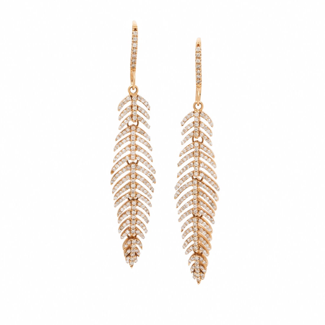 Diamond and Rose Gold Articulated Feather Earrings: Diamond and Rose Gold Articulated Feather Earrings Single and round brilliant cut diamonds weighing approximately 1.10 carats total. 18 karat rose gold. 2 5/8 inches long. Stamp: Au750. Gross weight: