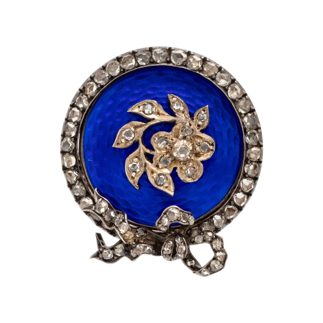 Victorian, Enamel, Diamond, and Silver-Topped Gold Brooch: Victorian, Enamel, Diamond, and Silver-Topped Gold Brooch Rose cut diamonds and blue enamel. Silver-topped gold. 1 x 1 inch. Gross weight: 5.95 dwt. Property from a Private Collection