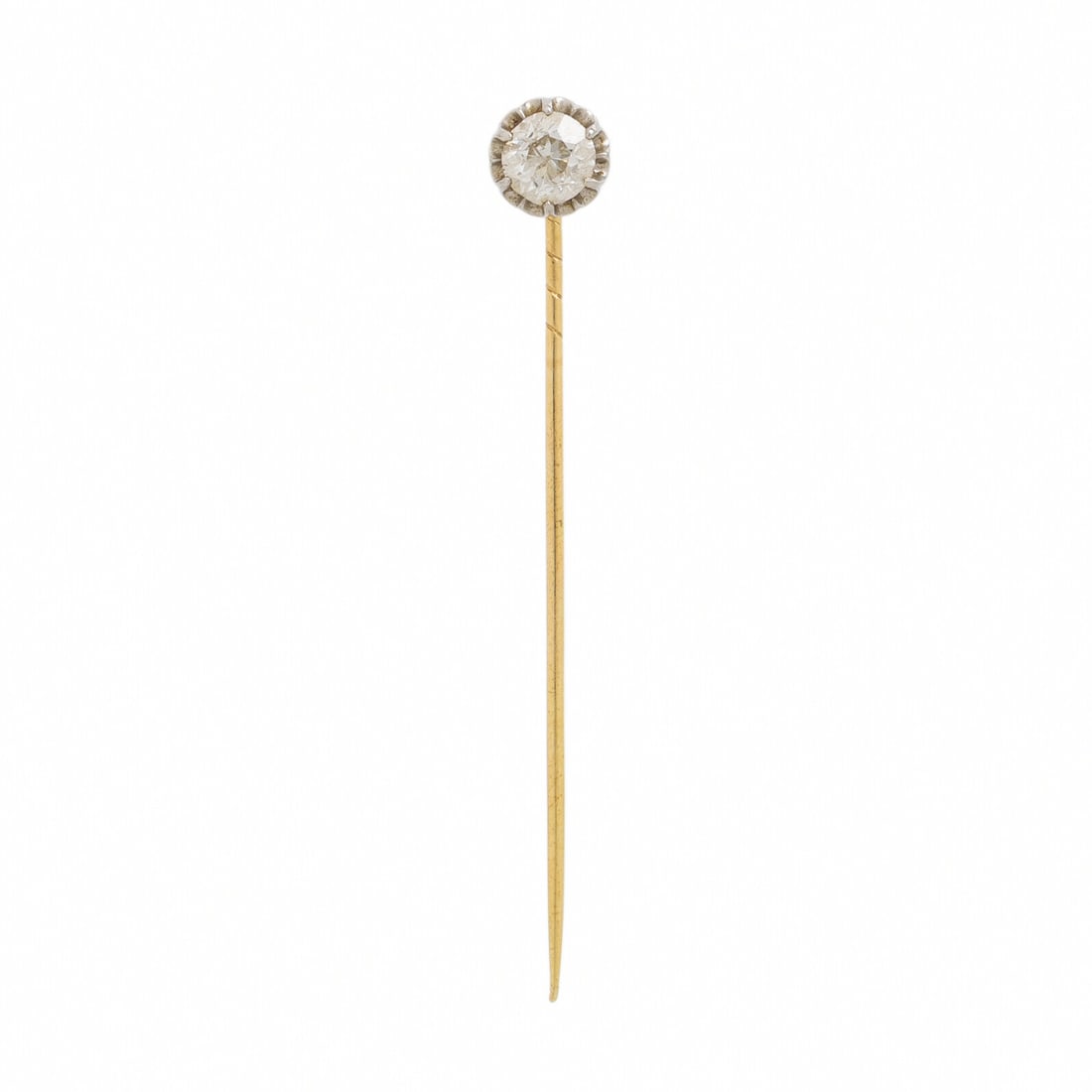 Diamond and Yellow Gold Stick Pin: Diamond and Yellow Gold Stick Pin Old European cut diamond weighing approximately 0.80 carat total. Yellow gold and platinum. 1/8 inch wide. Gross weight: 1.25 dwt. Property of Joaquin Dulitzky