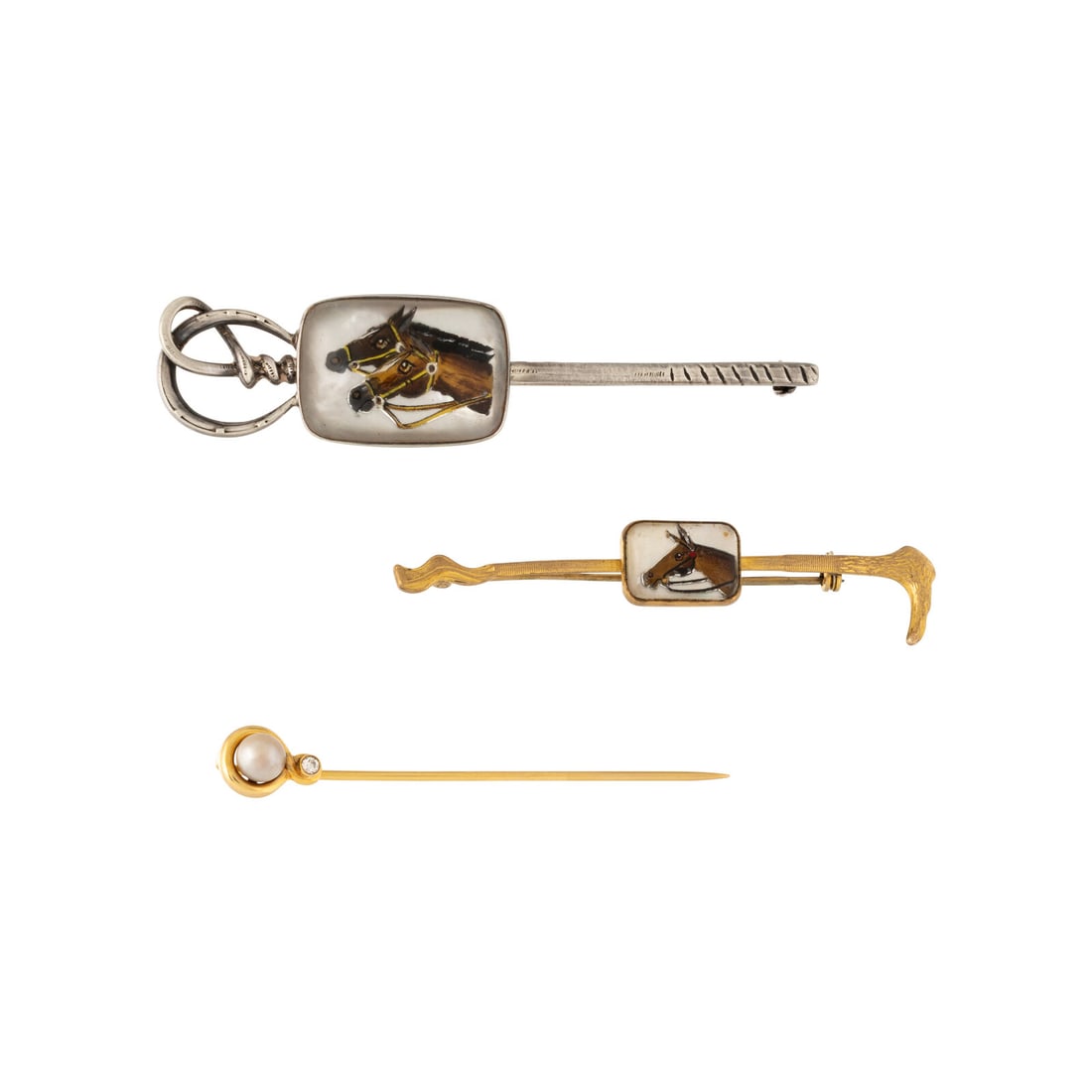 Three Stickpins: Three Stickpins Two stick pins with reverse painted crystal, depicting horses, and one stick pin with a cultured pearl and transitional cut diamond. Gold plate, sterling silver, and 14 karat yellow go