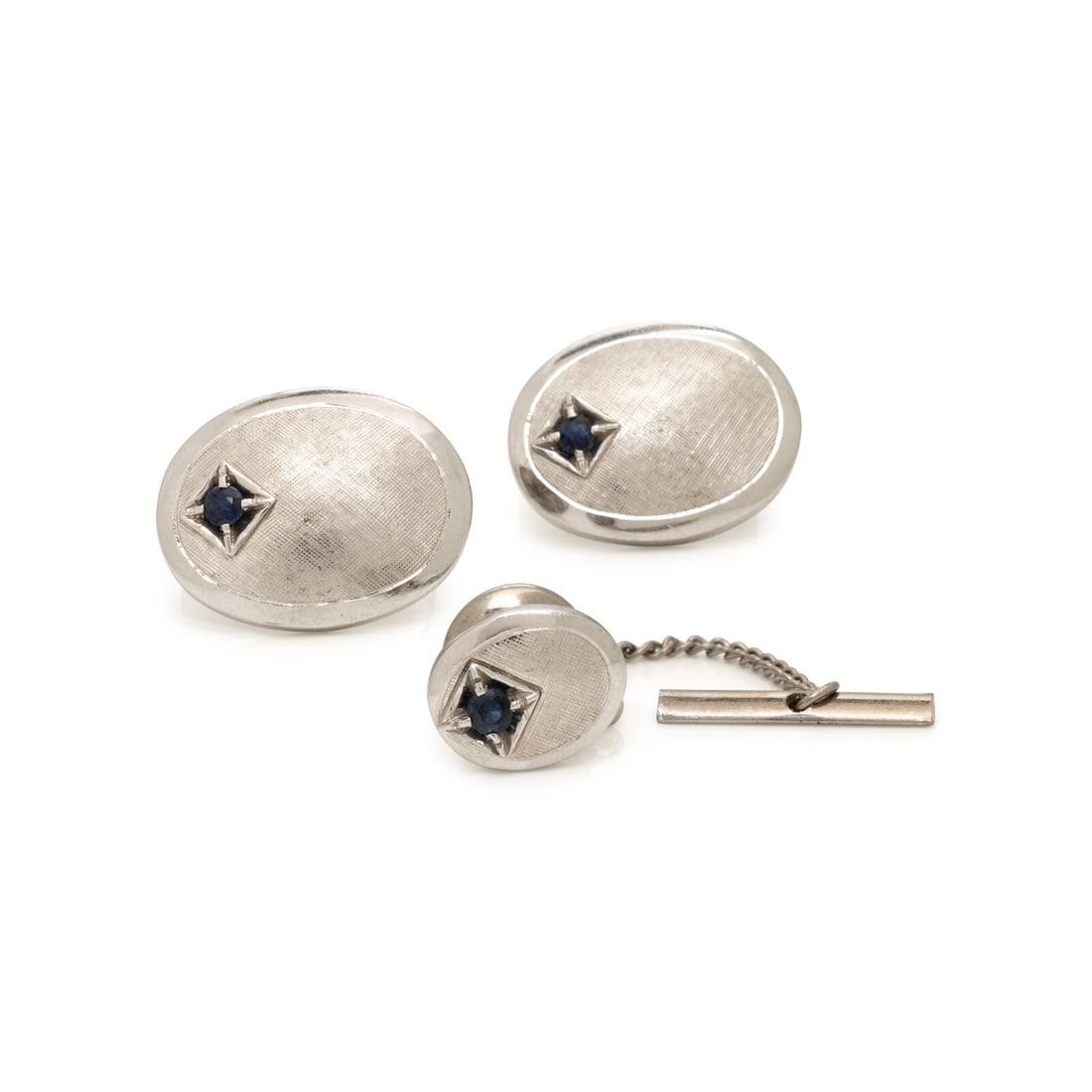 White Gold and Sapphire Cufflinks and Tie Pin Set (1 of 2)