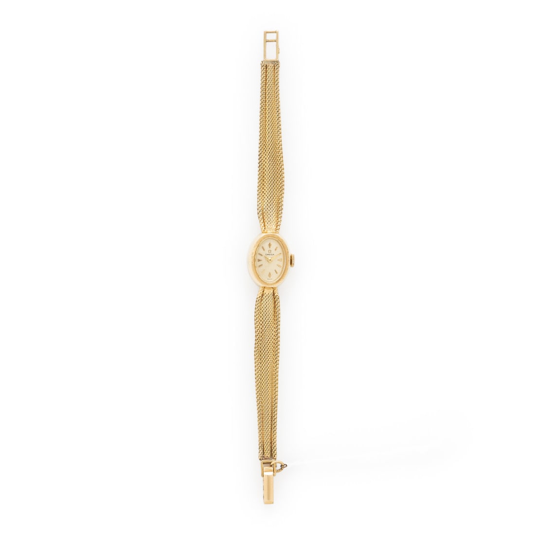 Omega, Yellow Gold Watch: Omega, Yellow Gold Watch Maker: Omega Case size: Approx. 13 x 19 mm Case material: Yellow gold Dial: Champagne Movement: Manual wind Bracelet/Strap: Yellow gold mesh Gross weight: 11.35 dwt.