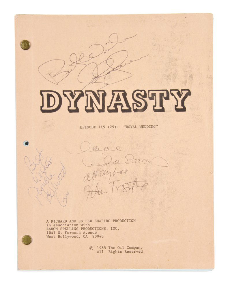 (DYNASTY). Original script signed by four actors.: (DYNASTY) Original script from the television show Dynasty, Episode 115 (29): "Royal Wedding," 1985, signed by actors Pamela Bellwood, Linda Evans, John Forsythe, and John James.
