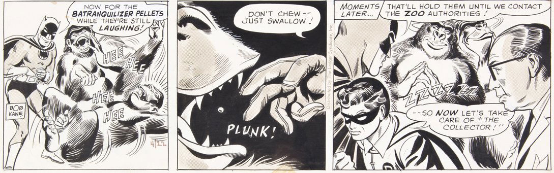 (COMIC ART) KANE, BOB. Batman and Robin, 3-panel comic: (COMIC ART) KANE, BOB Batman and Robin, 3-panel comic strip, pen and ink, The Ledger Syndicate, April 22, n.y. Signed "Bob Kane" lower left. Size of frame 11 x 23 inches.