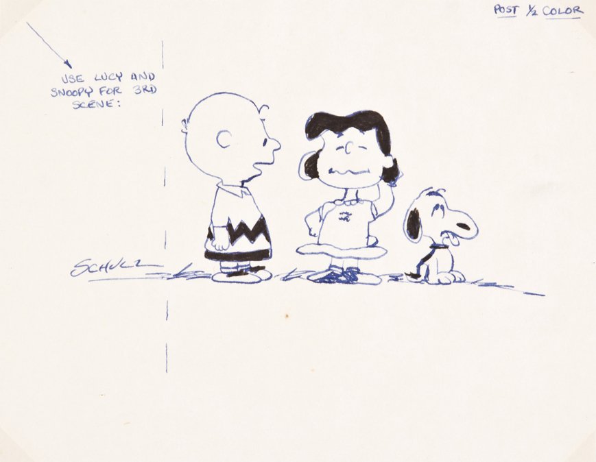 (COMIC ART) SCHULZ, CHARLES. Charlie Brown, original pe: (COMIC ART) SCHULZ, CHARLES Charlie Brown, original pen illustration, featuring Charlie Brown, Lucy and Snoopy, blue and black pen, with notes "Use Lucy and Snoopy for 3rd scene:" and "Post 1/2 color.