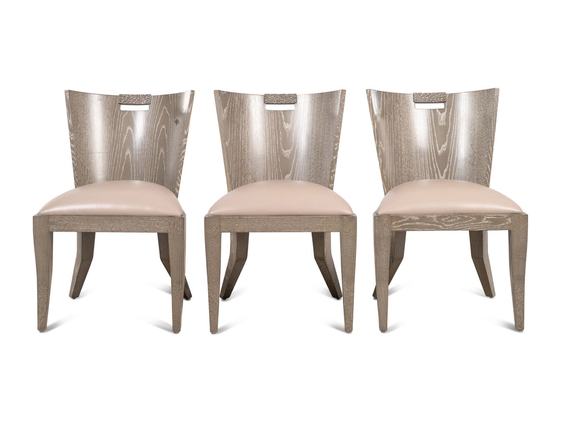 A Set of Three Berman Rosetti Foal Dining Chairs: A Set of Three Berman Rosetti Foal Dining Chairs with Holly Hunt leather upholstery. Height 33 1/2 inches. Property from the Louis F. Swift House Designed by Howard van Doren Shaw, Lake Forest, Illino