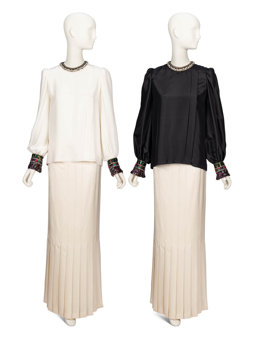 Two Vintage Silk Blouses & A Chanel Silk Skirt: Two Vintage Silk Blouses & A Chanel Silk Skirt BLOUSES Two blouses in white and black silk charmeuse with interchangeable rhinestone & bead-embellished collar and shirt cuffs; interchangeable via syst