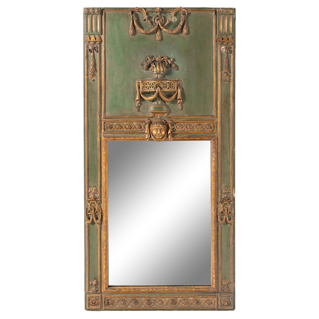 A Louis XVI Style Painted and Parcel Gilt Trumeau Mirror: A Louis XVI Style Painted and Parcel Gilt Trumeau Mirror First Half 19th Century Height 64 x width 31 1/2 inches. Property from the Collection of Tad Edwards, Naples, Florida This lot is located in Ch