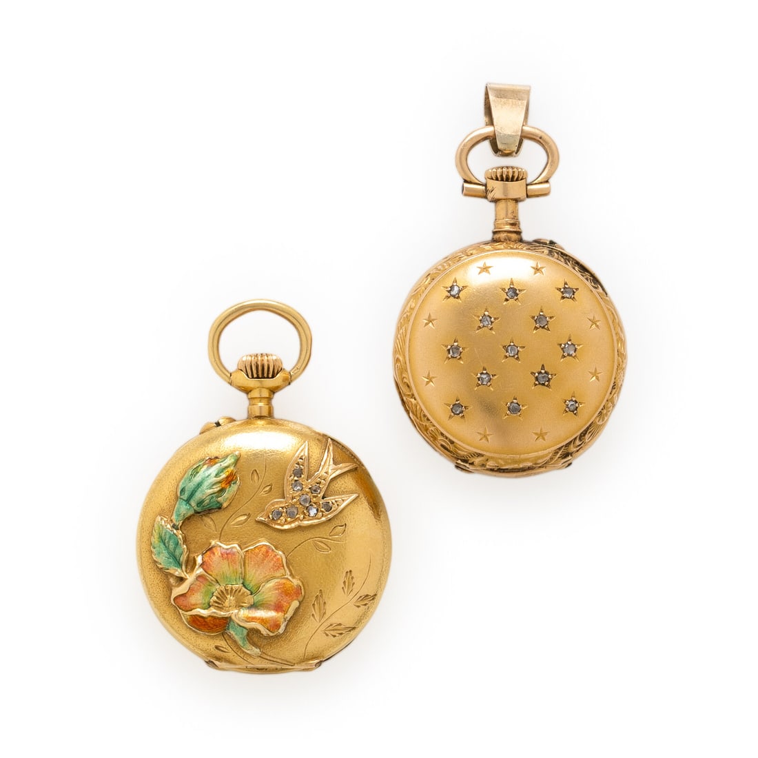 Two Yellow Gold Pocket Watches: Two Yellow Gold Pocket Watches Case number: 237426 Year: Circa 1910s Case size: Approx. 27 mm Case material: 18K yellow gold Cover: Rose cut diamonds and polychrome enamel depicting a bird and flower 