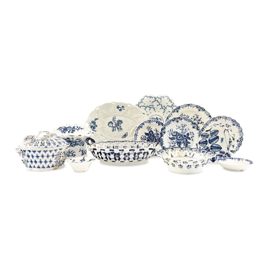 A Group of Blue and White Worcester and Other Porcelain Table Articles: A Group of Blue and White Worcester and Other Porcelain Table Articles 19th Century 13 items total, comprising a two handled vessel with a pierced lid, a flower frog, a serving tray, a two handled pie