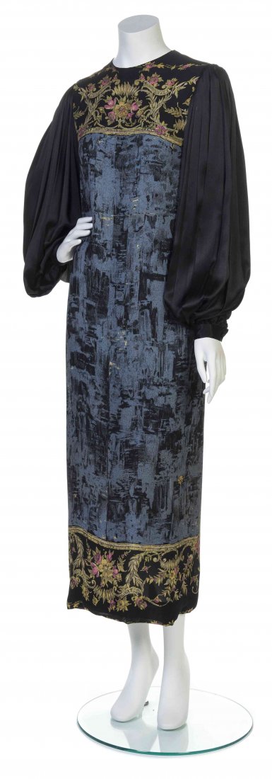 A Multicolor Printed Silk Dress,: A Multicolor Printed Silk Dress, attributed to Galanos, long black satin pleated bishop sleeves, with a jewel neckline, keyhole back, and a center back split hem. Property from the Estate of Betsy Pic
