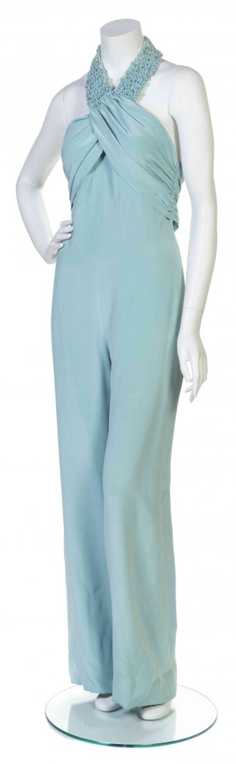 A Galanos Aqua Satin Jumpsuit,: A Galanos Aqua Satin Jumpsuit, shirred halter neckline with an asymmetric draped bust and a wide legged pant. Labeled: Galanos. Property from the Estate of Betsy Pickering Kaiser