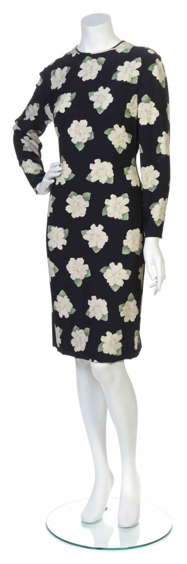 A Galanos Black and White Floral Print Silk Dress,: A Galanos Black and White Floral Print Silk Dress, zipper wrist long sleeves with a jewel neckline. Labeled: Galanos. Property from the Estate of Betsy Pickering Kaiser