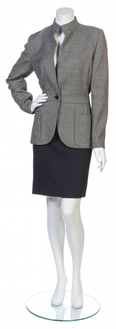 A Galanos Black and White Skirt Ensemble,: A Galanos Black and White Skirt Ensemble, comprised of a black and white square print wool jacket with a split nehru collar and single button closure, with two patch pockets together with a straight b