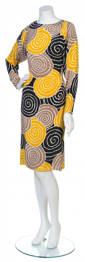 A Multicolor Swirl Print Cocktail Dress,: A Multicolor Swirl Print Cocktail Dress, attributed to Galanos, long zippered sleeves, with a round neckline, and slits to the side. Property from the Estate of Betsy Pickering Kaiser