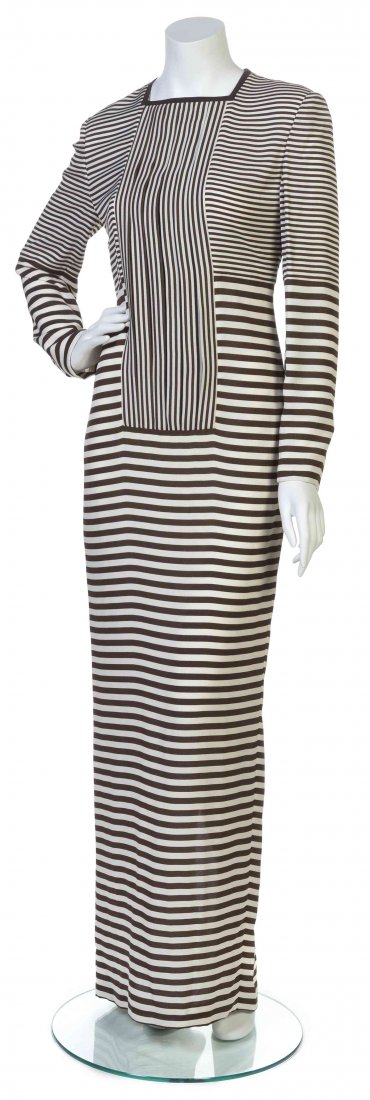 A Galanos Brown and Ivory Stripe Crêpe Dress,: A Galanos Brown and Ivory Stripe Crêpe Dress, long sleeves with a square neckline, pleated bib, and a center back split hem. Labeled: Galanos. Property from the Estate of Betsy Pickering Kaiser