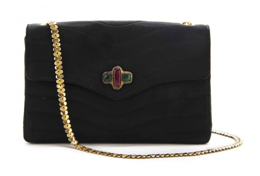 A Chanel Black Quilted Satin Bag, 8 1/2 x 5 1/2 x 2 1/4: A Chanel Black Quilted Satin Bag, goldtone chain strap with a Gripoix clasp closure. Stamped: Chanel. 8 1/2 x 5 1/2 x 2 1/4 inches. Property from the Estate of Betsy Pickering Kaiser