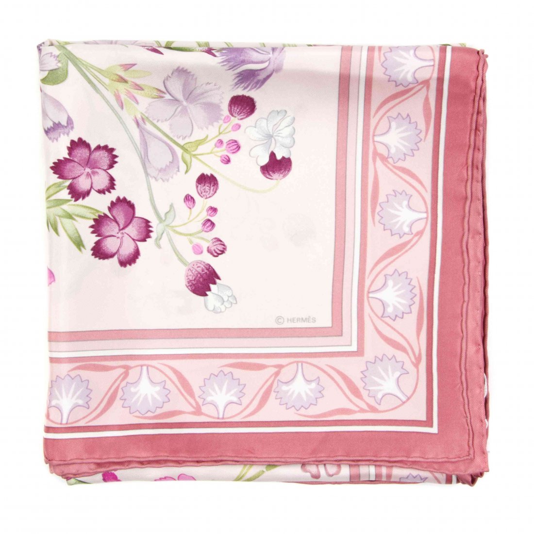 An Hermès Silk Scarf, 35 x 35 inches.: An Hermès Silk Scarf, in an 'Oeillets Sauvages et Autres Caryopyllees' motif. Labeled within print: Hermès. 35 x 35 inches. Property from the Estate of Betsy Pickering Kaiser