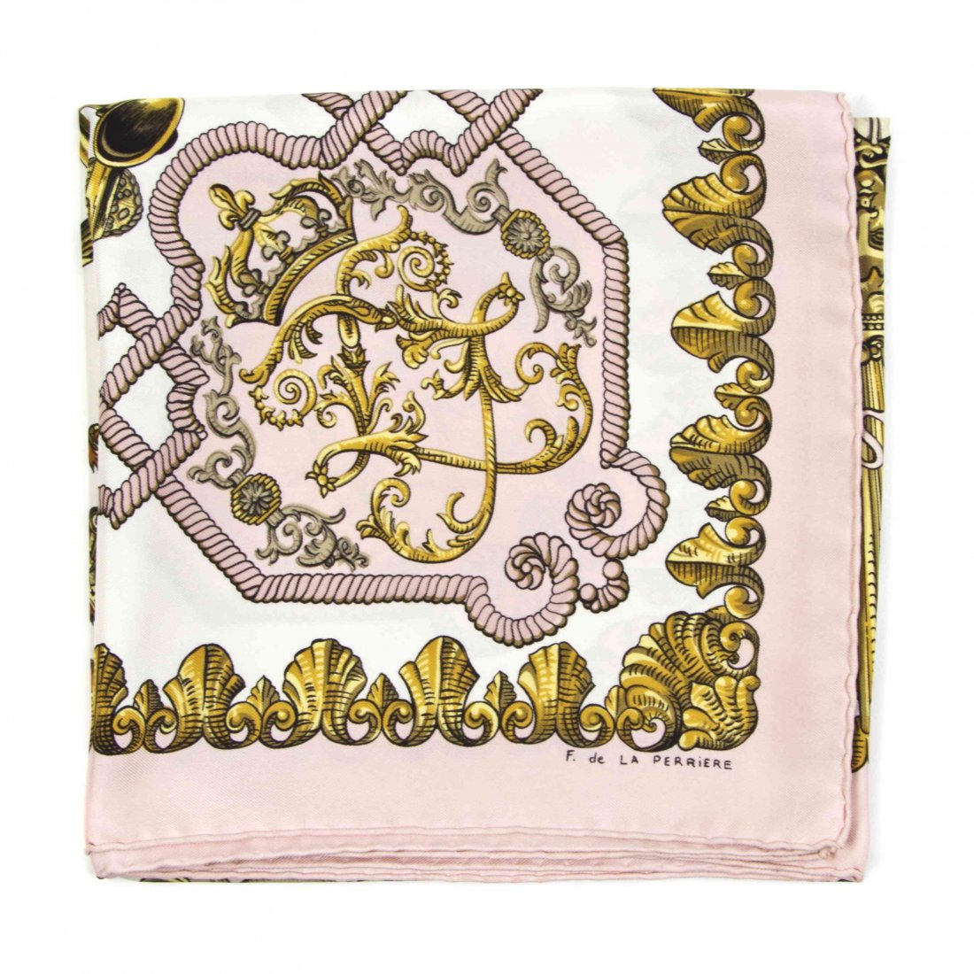 An Hermès Silk Scarf, 35 x 35 inches.: An Hermès Silk Scarf, in a 'Ludovicus Magnus' motif. Labeled within print: Hermès. 35 x 35 inches. Property from the Estate of Betsy Pickering Kaiser