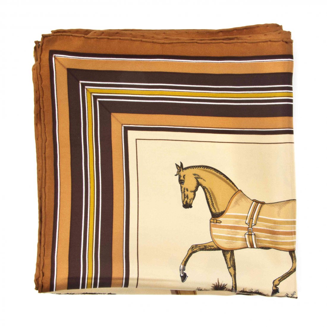 An Hermès Silk Scarf, 35 x 35 inches.: An Hermès Silk Scarf, in a 'Couvertures et Tenues de Tour Pour l'Ecurie, l'Attente et la Presentation' motif. Labeled within print: Hermès. 35 x 35 inches. Property from the Estate of Betsy Pickerin