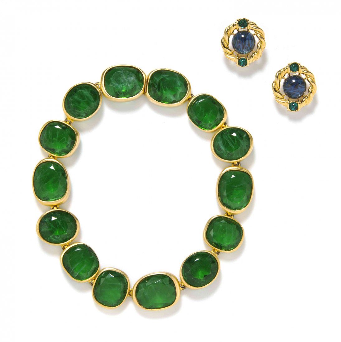 A Kenneth Jay Lane Faux Emerald Goldtone Necklace,: A Kenneth Jay Lane Faux Emerald Goldtone Necklace, together with a pair of goldtone, faux sapphire and faux emerald cabochon earclips. Stamped: Kenneth Lane. Property from the Estate of Betsy Pickerin