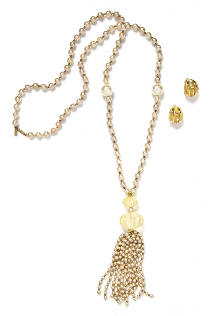 A Kenneth Jay Lane Faux Pearl Beaded Tassel Necklace: A Kenneth Jay Lane Faux Pearl Beaded Tassel Necklace and Earclips, comprised of a necklace with two oversized faux pearl accents, and a double citrine resin pendant with a faux pearl beaded tassel dro