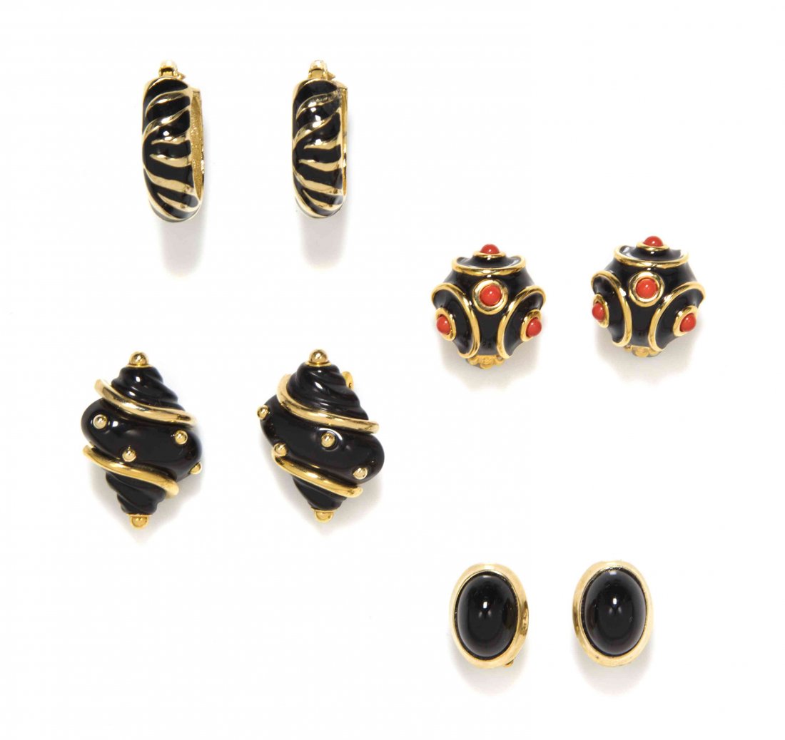 A Group of Kenneth Jay Lane Goldtone Earclips,: A Group of Kenneth Jay Lane Goldtone Earclips, comprised of a pair of black enamel tiger striped hoop earclips, a pair of faux onyx cabochon earclips, a pair black resin seashell earclips and a pair o