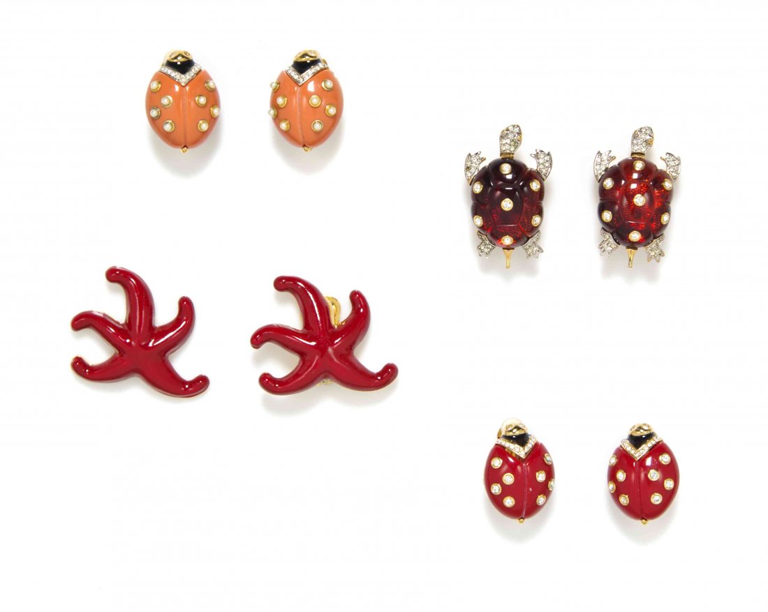A Group of Kenneth Jay Lane Jewelry,: A Group of Kenneth Jay Lane Jewelry, comprised of two pairs of ladybug earclips, a pair of turtle earclips, and a pair of starfish earclips. All stamped: Kenneth Lane. Property from the Estate of Bets