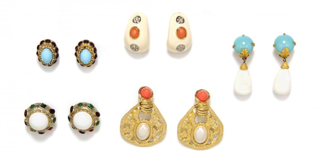 A Group of Kenneth Jay Lane Goldtone Earclips,: A Group of Kenneth Jay Lane Goldtone Earclips, comprised of three pairs of earclips with either white or blue cabochons all stamped: K.J.L, together with two pairs of earclips with faux coral cabochon