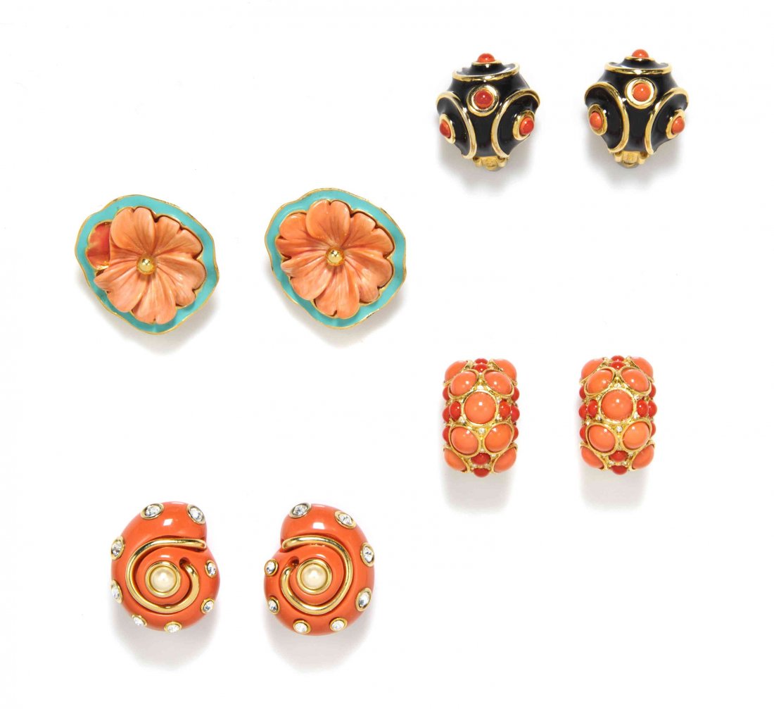 A Group of Kenneth Jay Lane Faux Coral Earclips,: A Group of Kenneth Jay Lane Faux Coral Earclips, comprised of a pair of turqouise enamel and carved flower earclips, a pair of faux pearl snail earclips, a pair of two tone cabochon earclips, and a pa