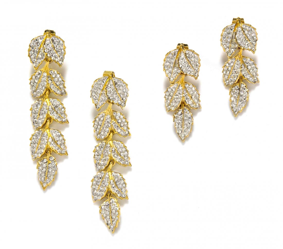 Two Pairs of Kenneth Jay Lane Rhinestone Leaf Earclips,: Two Pairs of Kenneth Jay Lane Rhinestone Leaf Earclips, comprised of a pair of long dangle earclips together with a pair of shorter dangle earclips. Stamped: Kenneth Lane. Property from the Estate of 