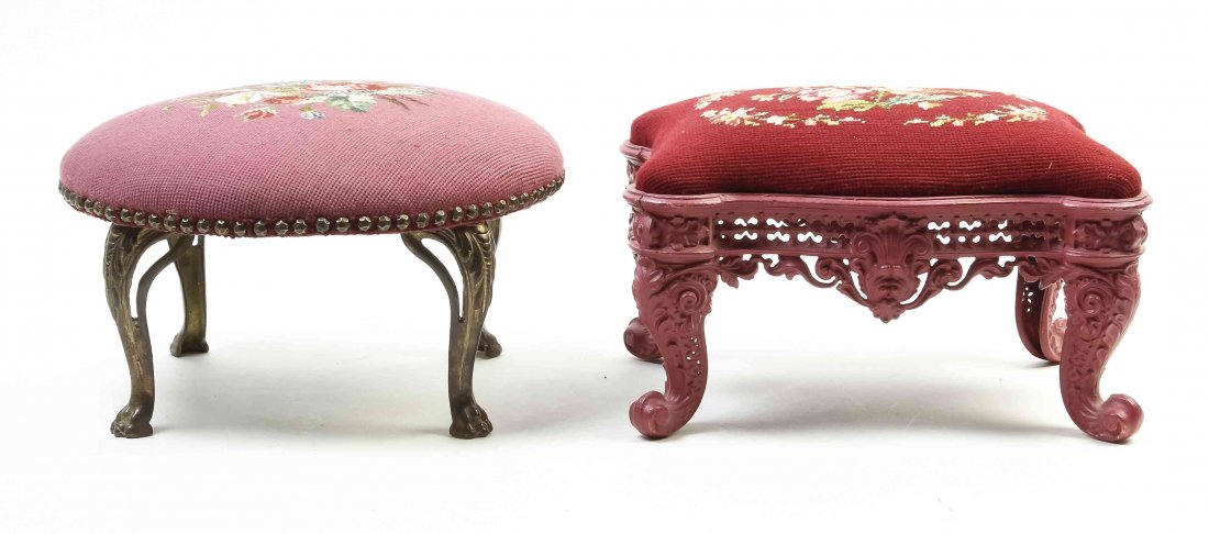 Two Victorian Cast Iron Stools, Width of first 14: Two Victorian Cast Iron Stools, the first of rectangular form, the second circular, each having later needlepoint upholstery. Width of first 14 inches. Property from the Estate of Grayce Haning, East
