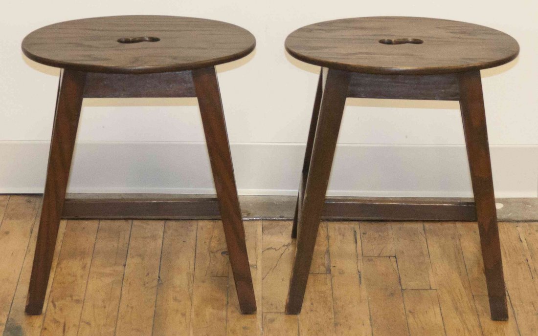A Pair of English Oak Stools, Height 16 inches.: A Pair of English Oak Stools, having rounded tops over square tapering legs, joined by H-form stretchers. Height 16 inches. Property from the Estate of Peggy G. Richards, Barrington, Illinois